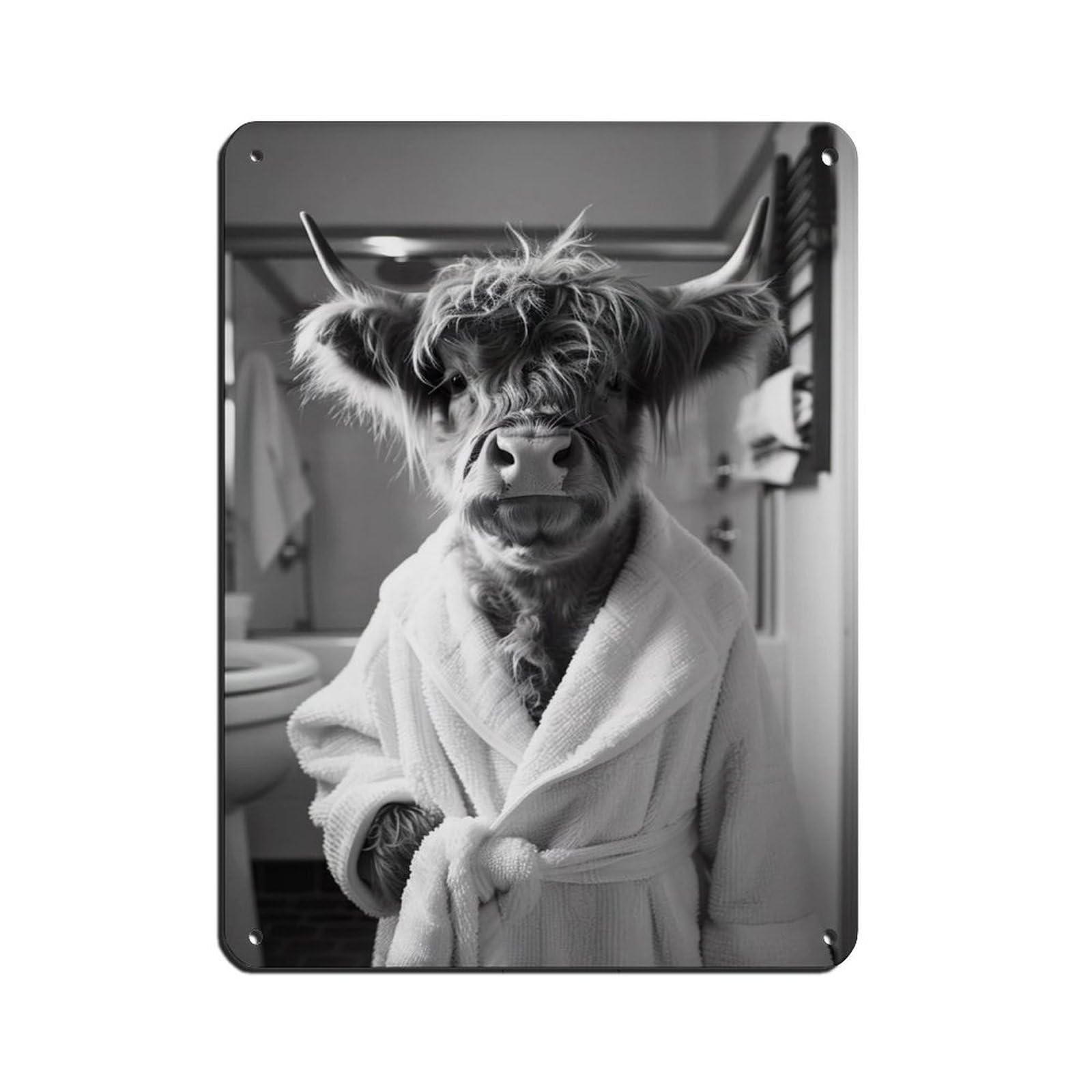 Highland Cow in A Bathrobe, Funny Bathroom Art Tin Sign Vintage Metal Pub Club Cafe Bar Home Wall Art Decoration Poster Retro 12x16inch(30x40cm)