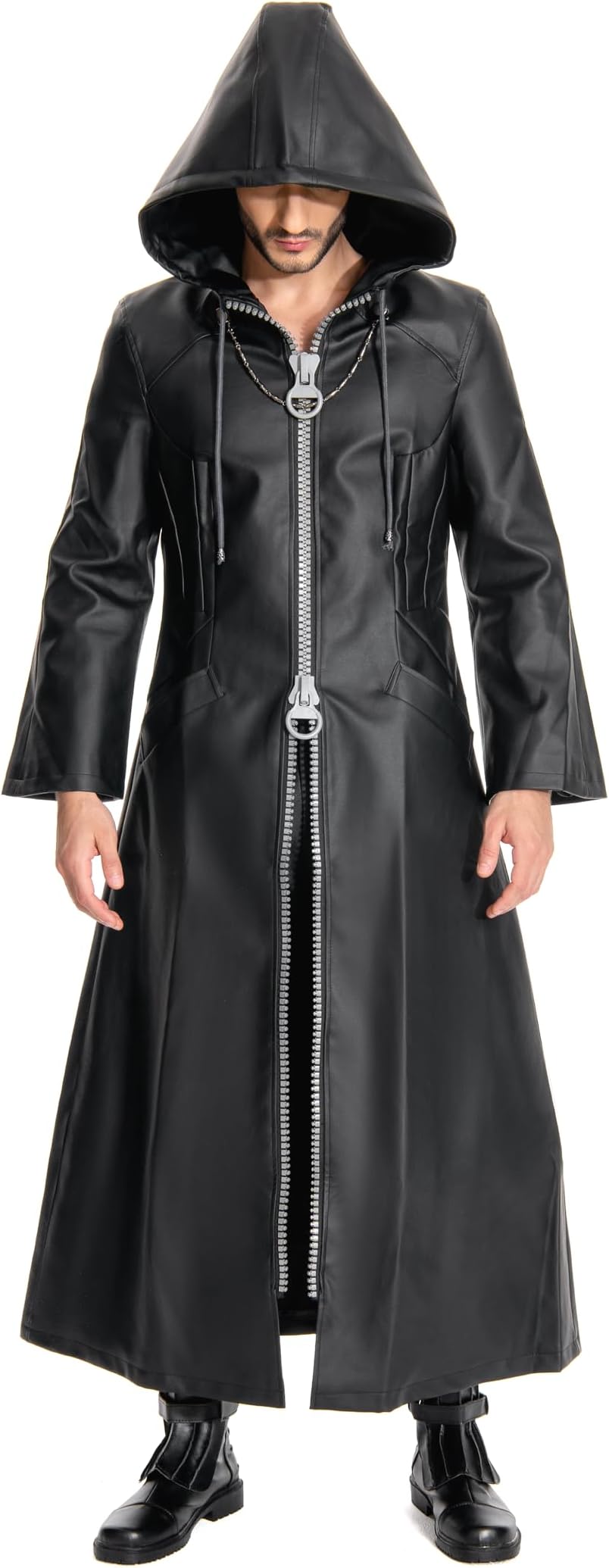 Mens Hooded Cloak Robe Role Play Costume Cosplay Office Uniform Coat Halloween Long Leather Jacket Costume