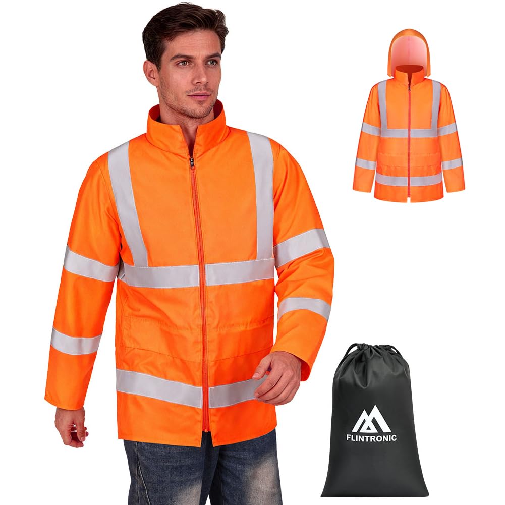 flintronic Veste De Pluie Haute-Visibilité pour Hommes, Imperméable Veste de sécurité avec réflecteurs, Imperméable Légère, Orange