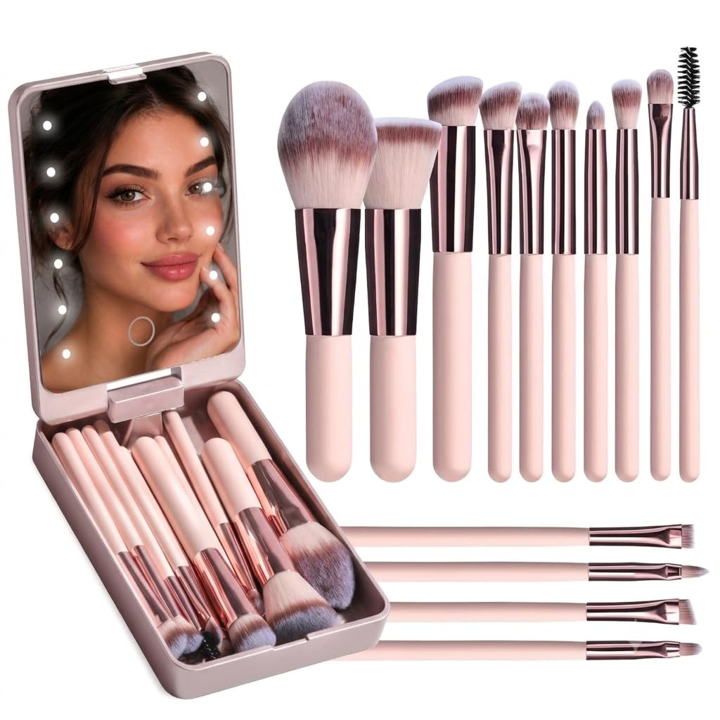 INOVERA (LABEL) 14 Pieces Makeup Brushes Set for Women, Girls - Portable Travel Cosmetic Brush Kit with 360° Rotating LED Light Mirror Box Case (Metallic)-picture-39