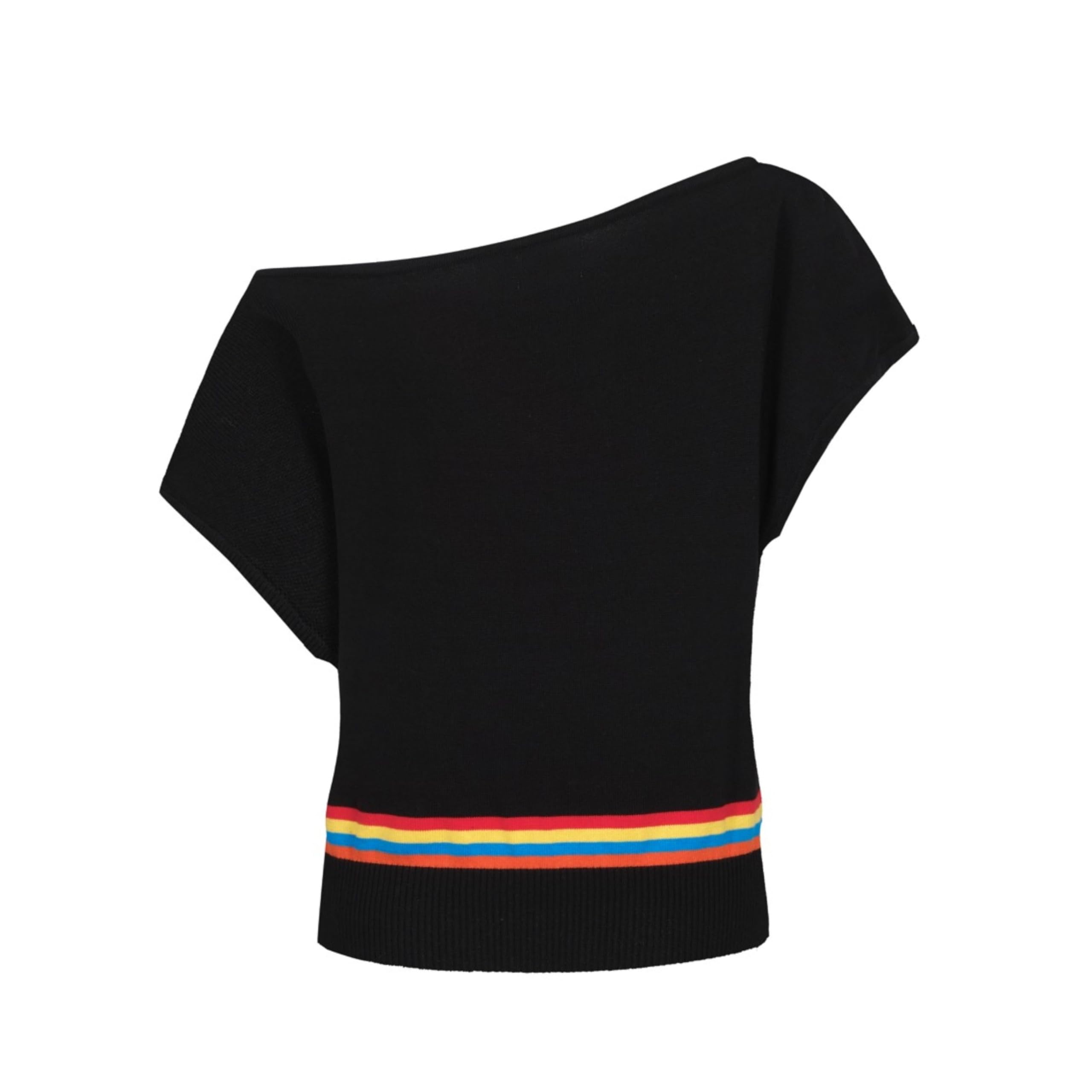 OXKNIT Off Shoulder Oberteil Damen Vintage Gestrickt Baumwolle Schwarze Freizeit T-Shirt Kurzarm mit Blitz Muster–Kurze Version