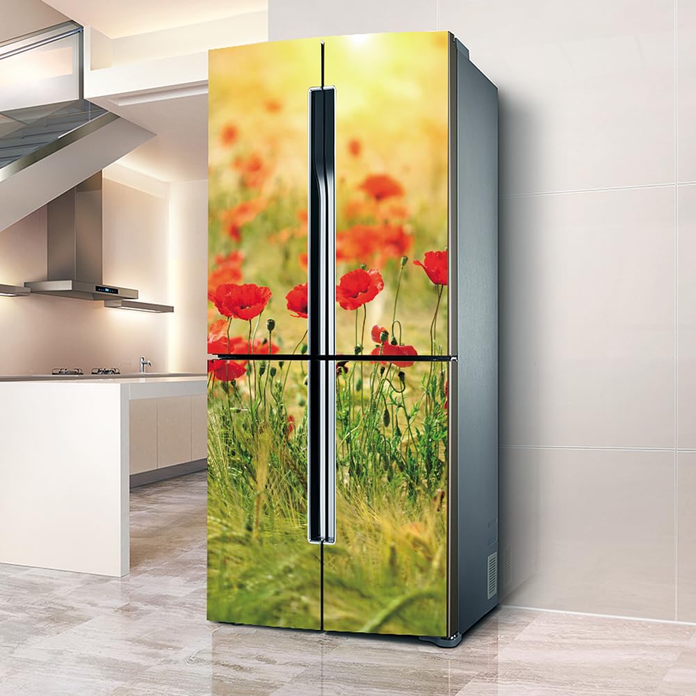 Fridge wrap, Full Covering Door Fridge Covers Skins Wall Stickers for Kitchen Decal, Red Poppy Flower Field Flowers