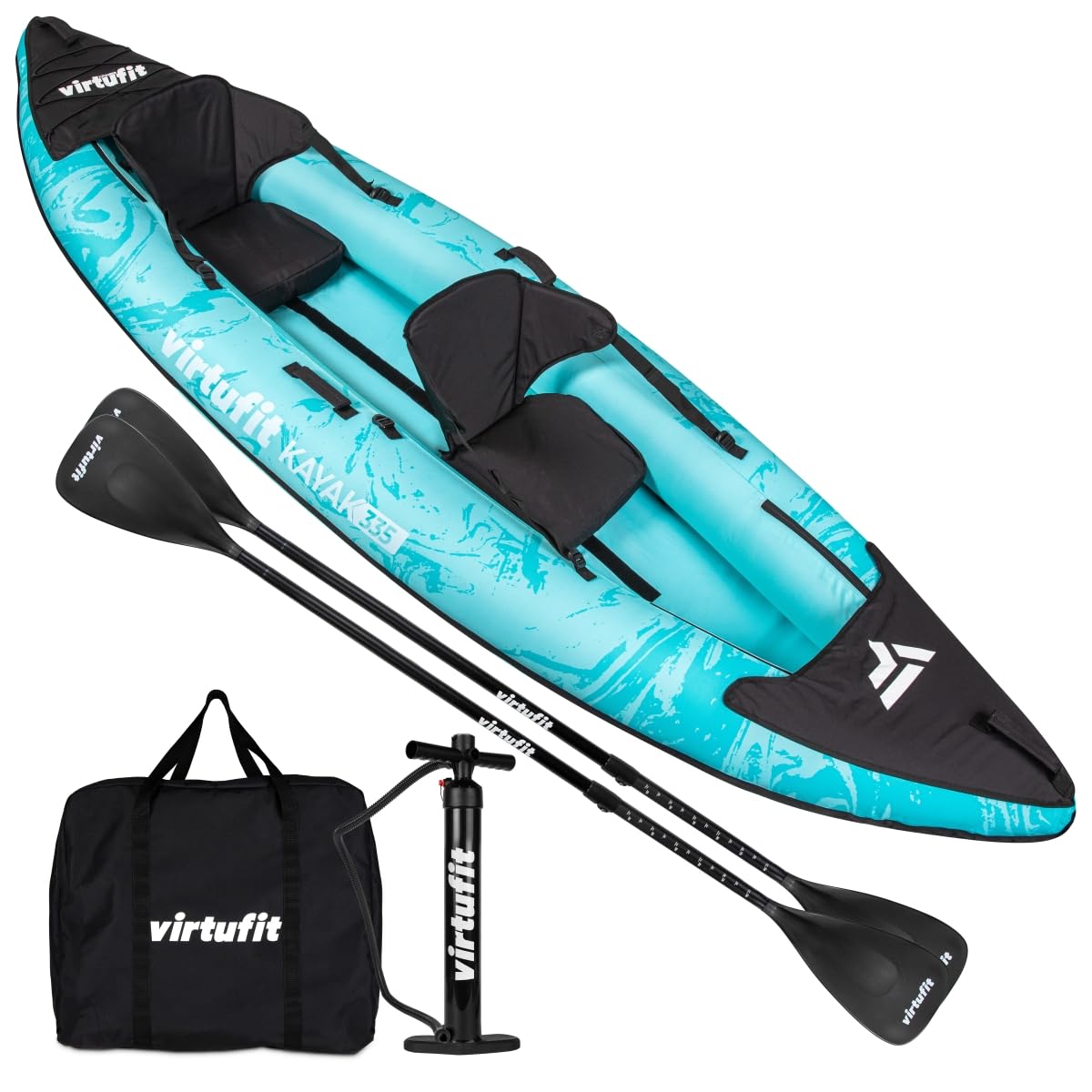 VirtuFit Kayak 335 Gonfiabile - 2 + 1 Persone + Opzione 3° Sedile - Include 2 pagaie, pompa a mano, borsa per il trasporto e 2 pinne, per mare, fiume e lago, costruzione stabile, 335 cm, turchese