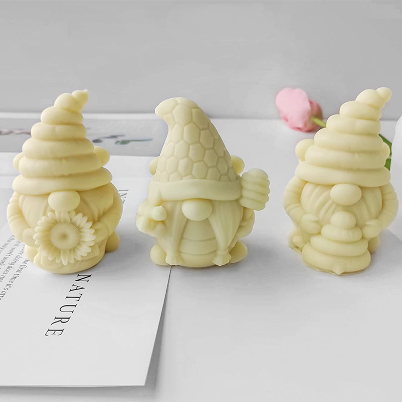 Xidmold 3pcs Bee Dwarf Candle Soap Mold, 3D Bee Gnome Silicone Molds for Chocolate, Candy, Cake Decor, Soy Wax Candle, Soap, Plaster, Resin Art
