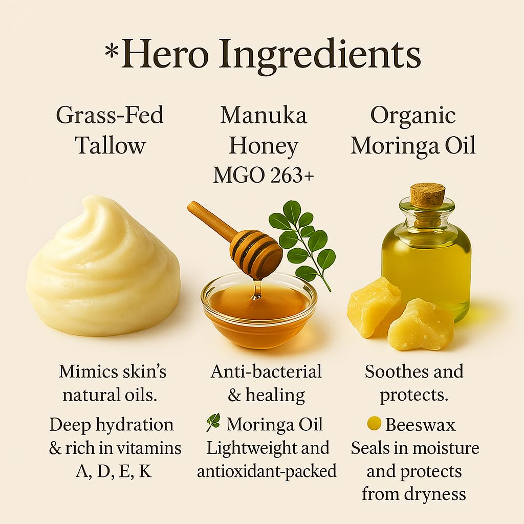 Azmera Beauty 100% Grass-Fed Beef Tallow Balm, Manuka Honey MGO263+, Organic Beeswax & Olive Oil, Beef Tallow for skin,Handmade Moisturizer for Dry Skin, Eczema Relief, & Healing Skin2oz, Orange