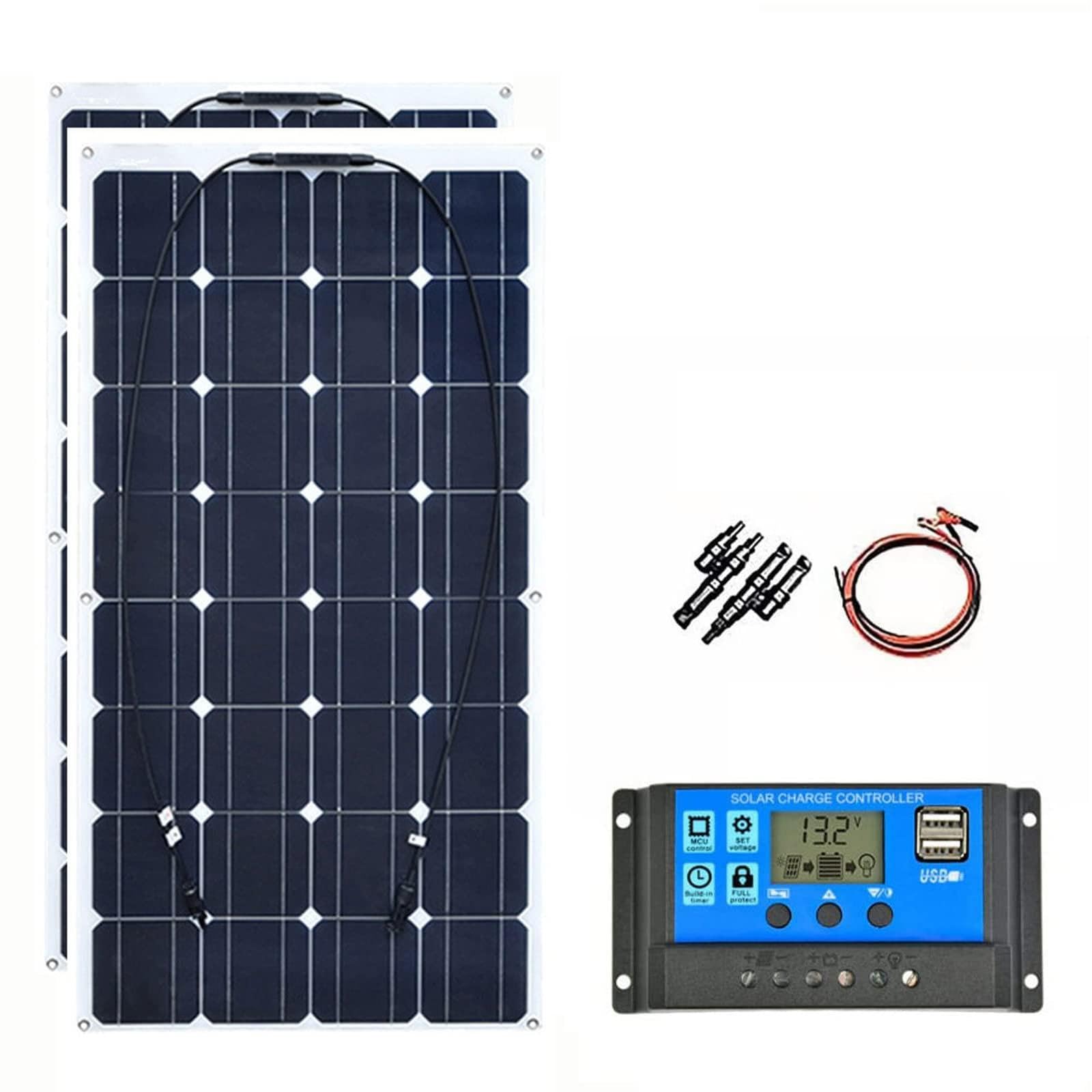 szt. 100 W elastyczny panel słoneczny 12 V zestaw systemowy 20 A kable kontrolera ładowania z zaciskiem krokodylkowym kable złącza PV do jachtu, łodzi, kampera, kabiny, ładowania akumulatora 12 V