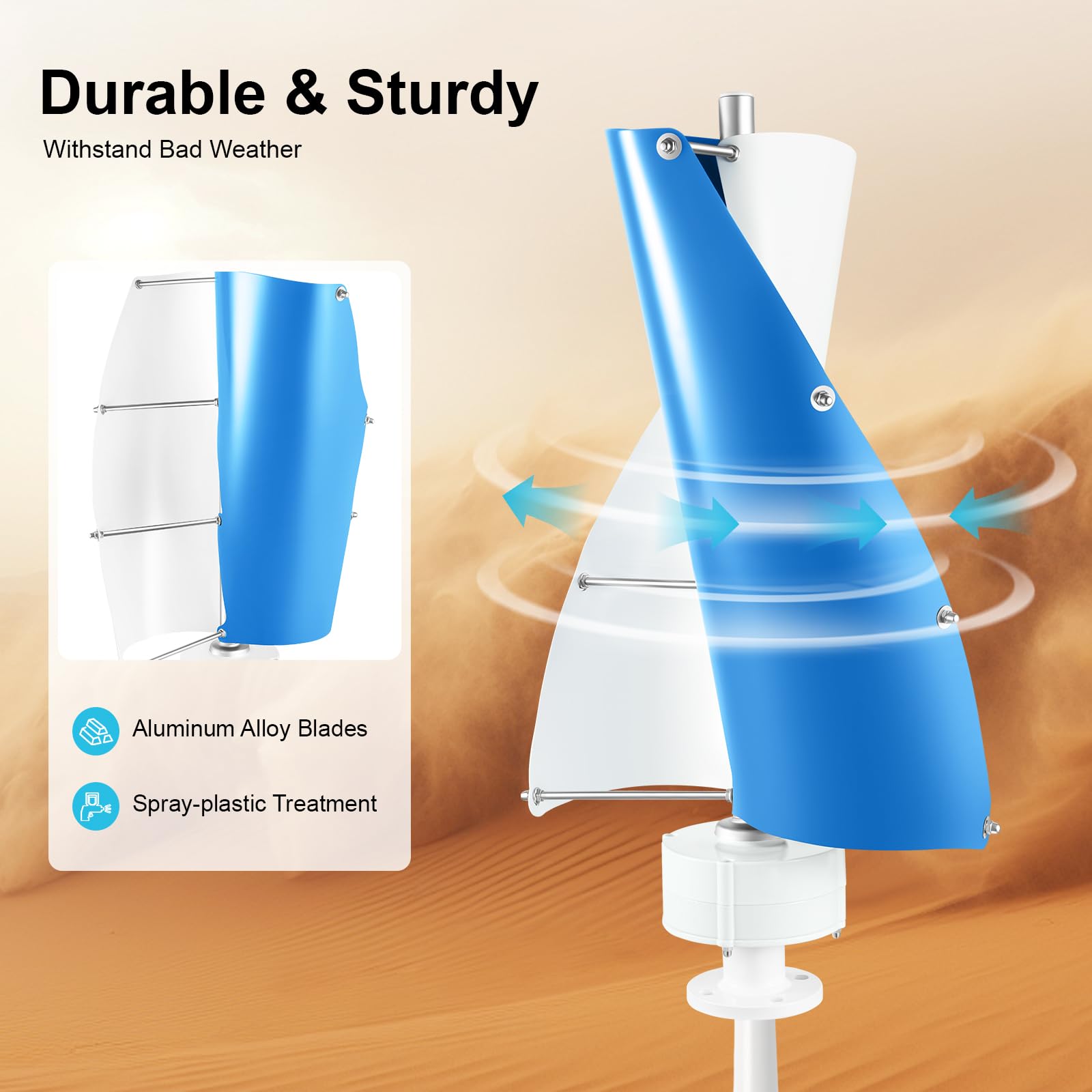 Turbina eolica, 100 W, IP67, girandola verticale con controller, lega di alluminio, energia eolica per casa, barche, gazebo, casette o case mobili (bianco e blu 24 V)