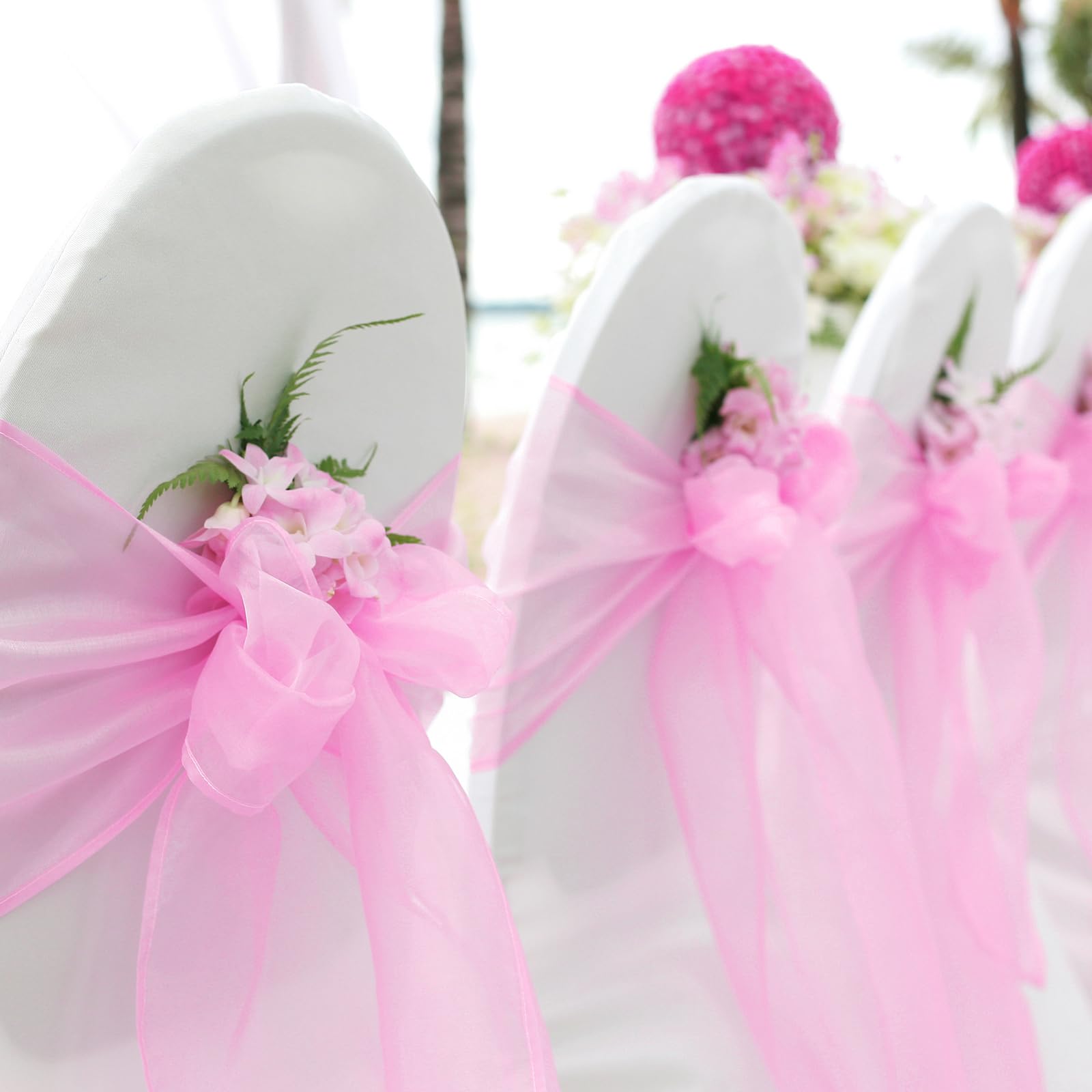 BIT.FLY 50 Pcs Organza Chair Sashes for Wedding Decoration Banquet Party Event Supplies Chair Bows Ties Cover Bands - Pink