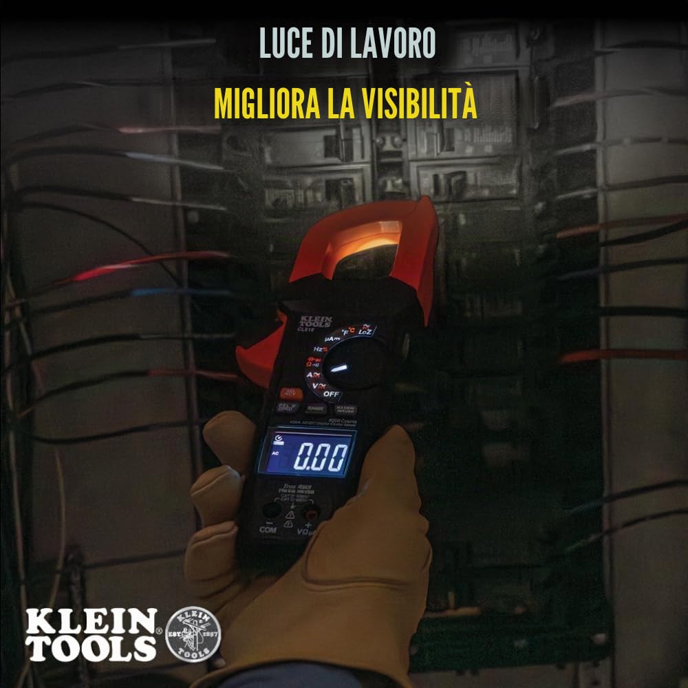 Klein Tools CL810 Pinza Amperometrica Digitale 600A AC/DC | Multimetro a Pinza TRMS Auto Range | Tensione Resistenza Frequenza Capacità Temperatura Inrush | NCV LoZ | Luce di lavoro CAT III