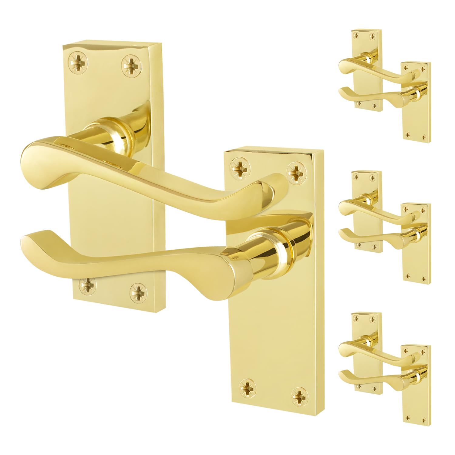 EAI Brass Victorian Scroll Latch Handles, 4 Pairs of Polished Brass Internal Lever Door Handles on Backplate
