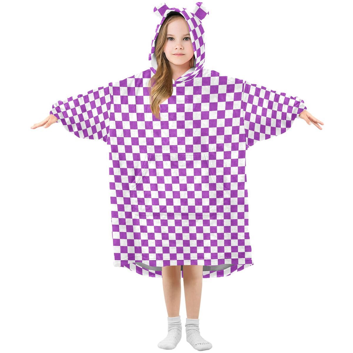 Fioletowa szachownica dziecięca koc do noszenia bluza z kapturem oversize bluza koc sweter vintage kratka dla chłopców i dziewcząt w wieku 3-14 lat
