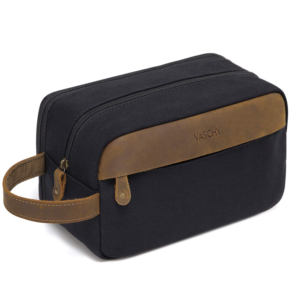 VASCHY Neceser Hombre, VASCHY Bolsa de Aseo para Kit de Afeitado Bolsa de Cosmético de Lona y Cuero Organizador de Maquillaje Impermeable con Múltiples Bolsillos para Viaje Camping Gimnasia, Negro