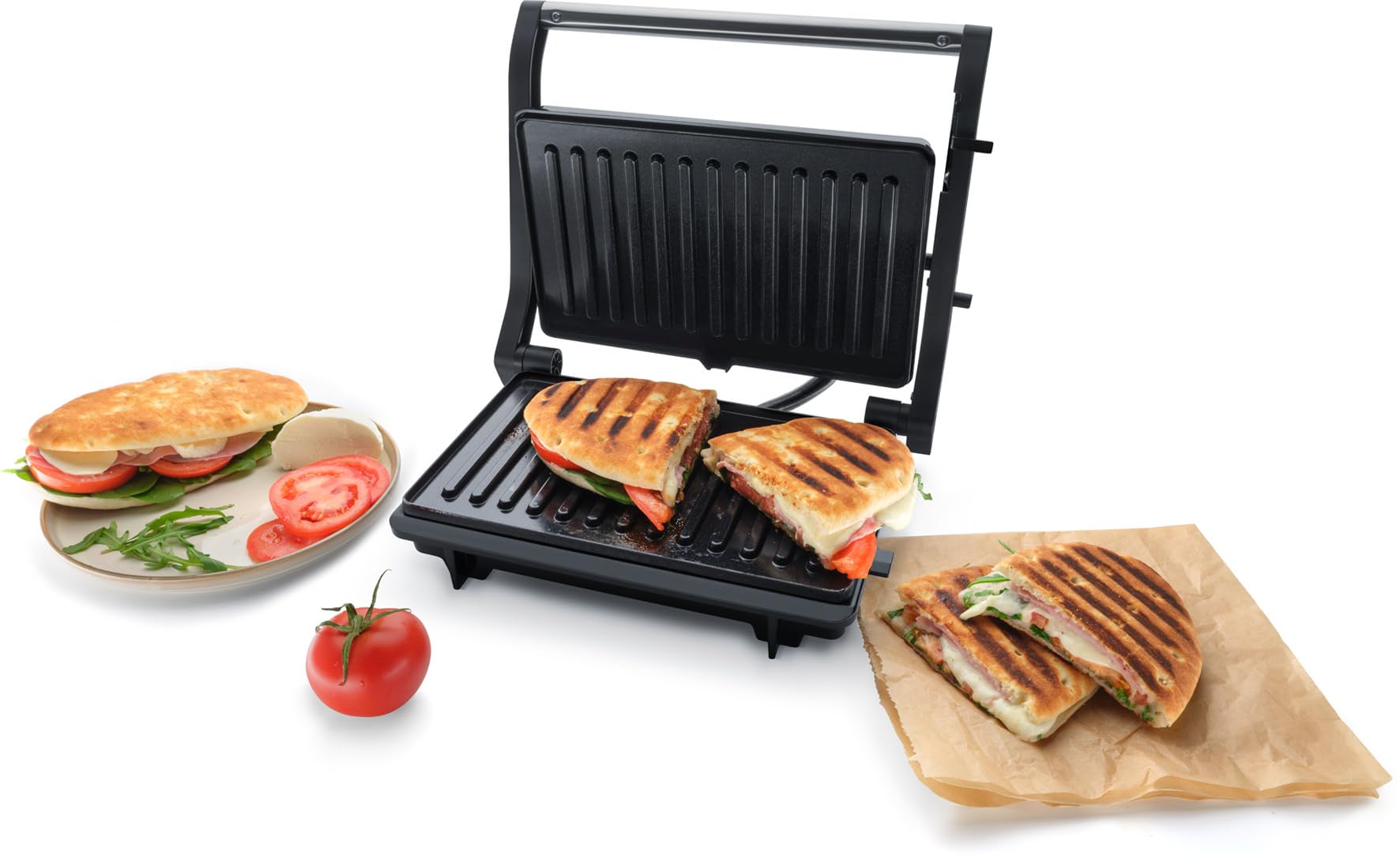 Steba Barbacoa de contacto FG 10 GRILLINO y parrilla Panini | plegable 180° como parrilla de mesa | Placas de cerámica sin PFAS 23 x 14,5 cm | 1000 W | Parrilla baja en grasa con bandeja recogedora |