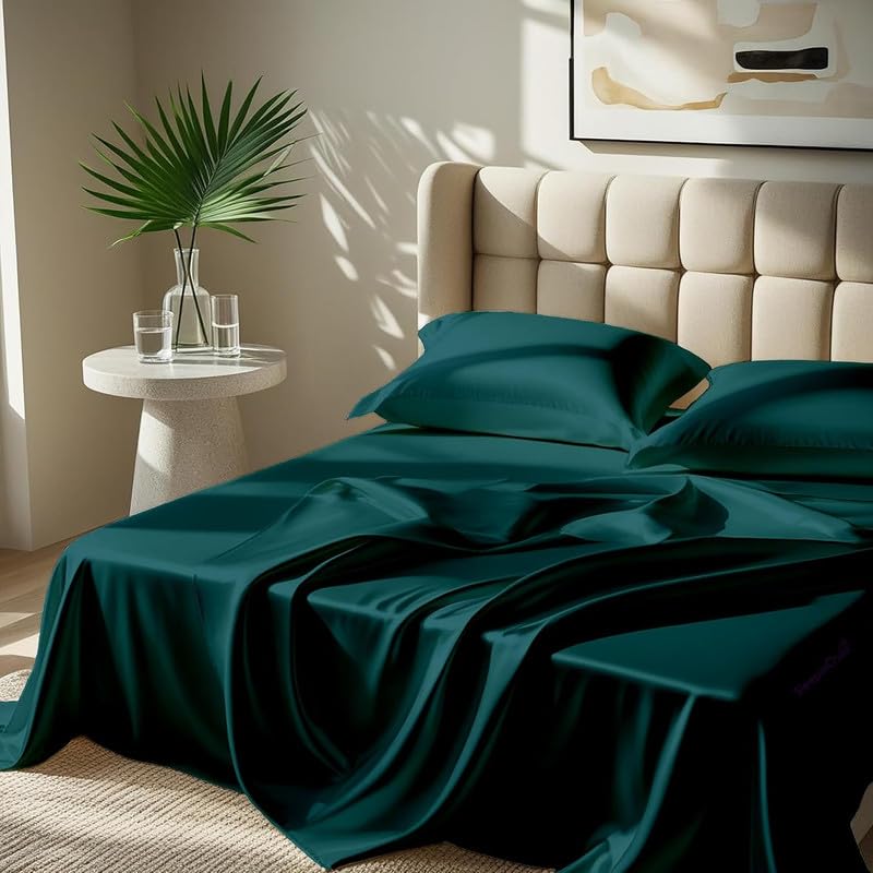 Image of Premium Satin Double Bed (90x100 Inchs) with 2 Pillow Cover Bedsheet Ultra Soft & Silky Smooth, Breathable Cooling Fabric, Luxury Glossy Finish|Teal