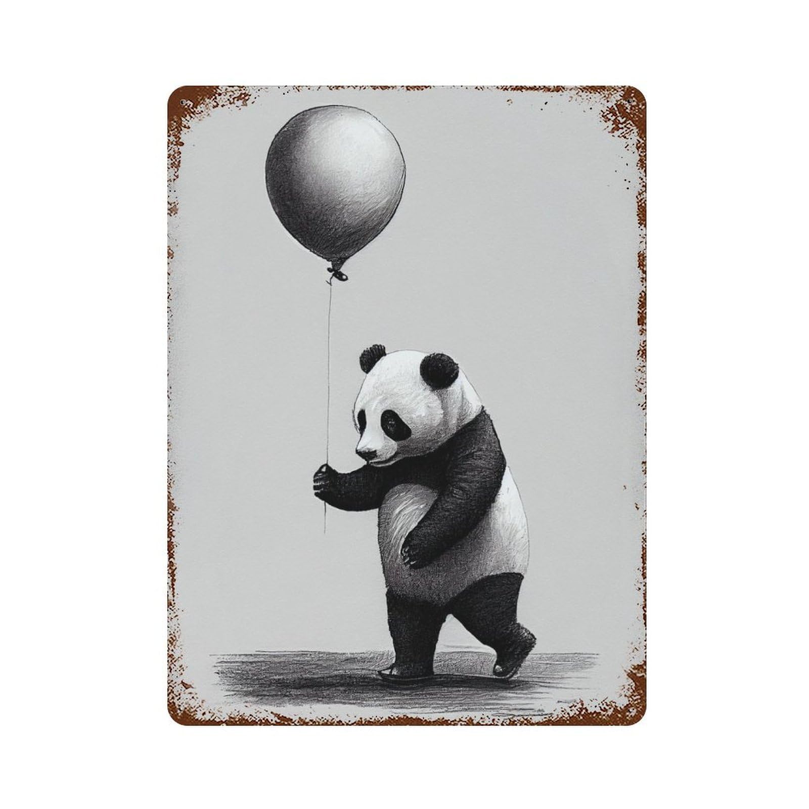 Rust Effect Panda Balloon Rusty Metal Tin Sign 15.7"x11.8", Rustic Home Decor for Living Room, Hallway And Home Decor