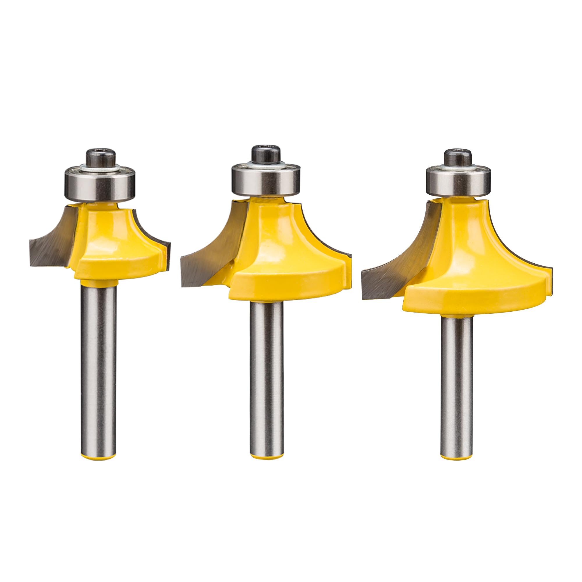 HUHAO 3-teiliges Fräser-Set für runde Kanten, 6,35 mm Schaft, Rundfräser-Bit, Schnittdurchmesser in 0,64 cm, 3/8 Zoll, 1,27 cm, CNC-Fräser-Bits, Kantenschneider für Holzbearbeitung, Formprofilierung