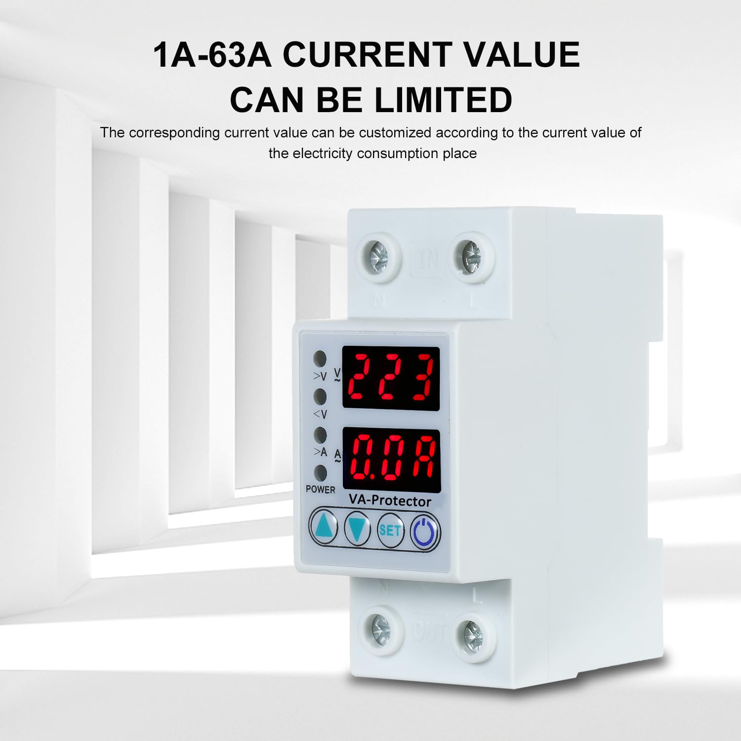 Adjustable Voltage Current Protector with LED Display, Over Under Voltage Protection, Overcurrent Cut Off, Automatic Reconnect, Single Phase 220V AC, 63A
