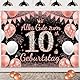 Tasoraor Deko 10. Geburtstag Hintergrund Mädchen - Schwarz Roségold Geburtstagsdeko 10 Jahre, Polyester Stoff Extra Große Geburtstagsbanner für Fotobox und Kindergeburtstags 110 x 150 cm