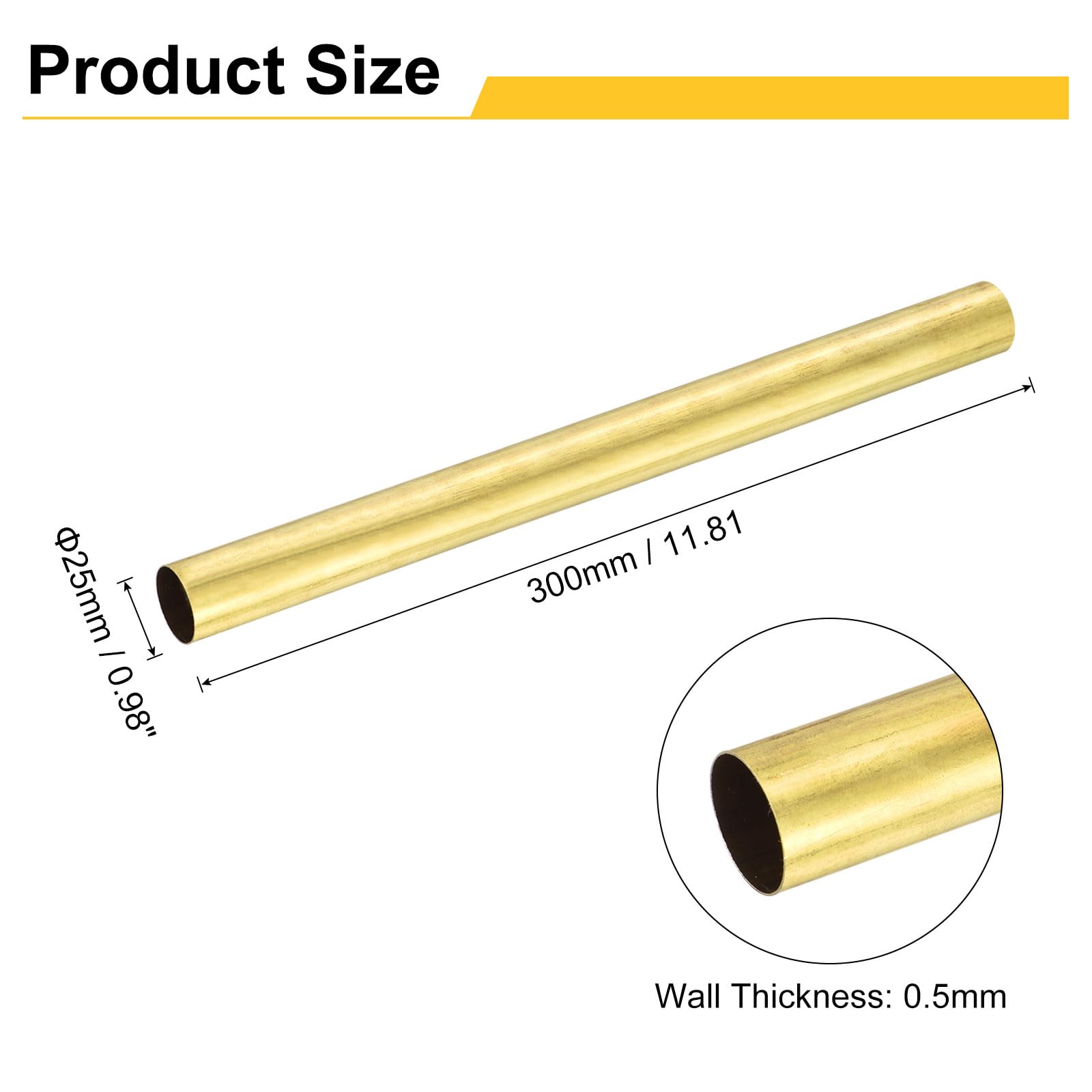 sourcing map Tube rond en laiton H62 - 25 mm de diamètre extérieur - 0,5 mm d'épaisseur de paroi - 300 mm de long - Pour projets de bricolage, travaux manuels, jardinage et applications de précision