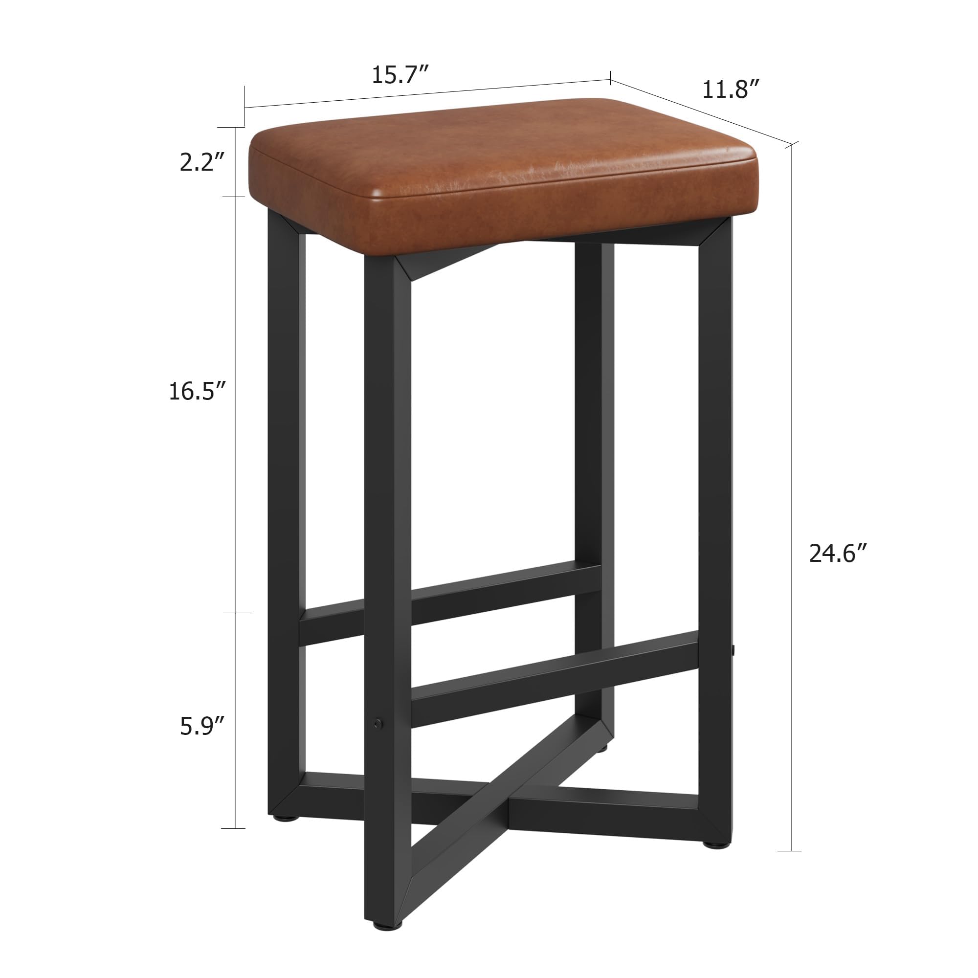 Garvee Lot de 4 Tabourets de Bar sans Dossier, Hauteur 62,5 cm, Chaise de Bar avec Siège Rembourré en Simili-Cuir PU, Chaise Haute Bar avec Repose-Pieds Intégré, Marron