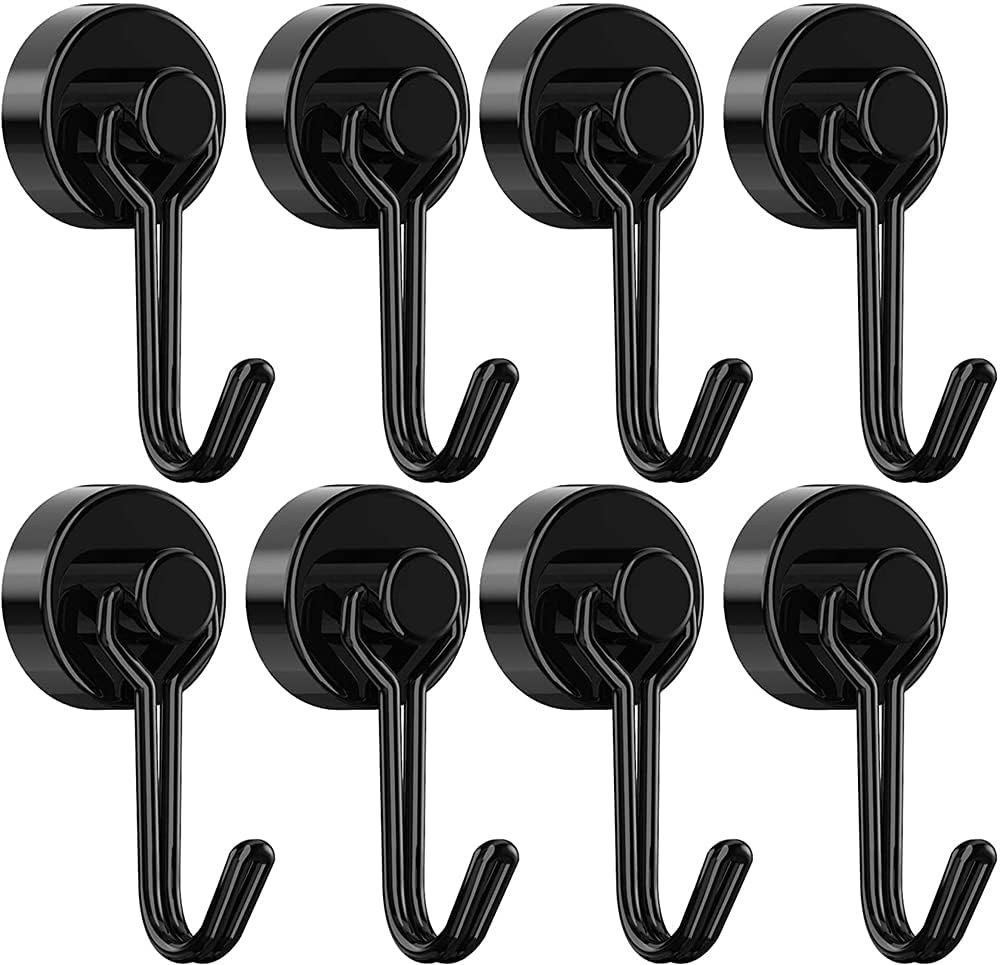 Khazna Magnetic Hooks, Heavy Duty Strong Neodymium Magnet Hook 30 Lbs with Rust Proof for Indoor Outdoor Hanging, Refrigerator, Grill, Kitchen, Key Holder, Locker, Classroom, Black, Pack of 8
