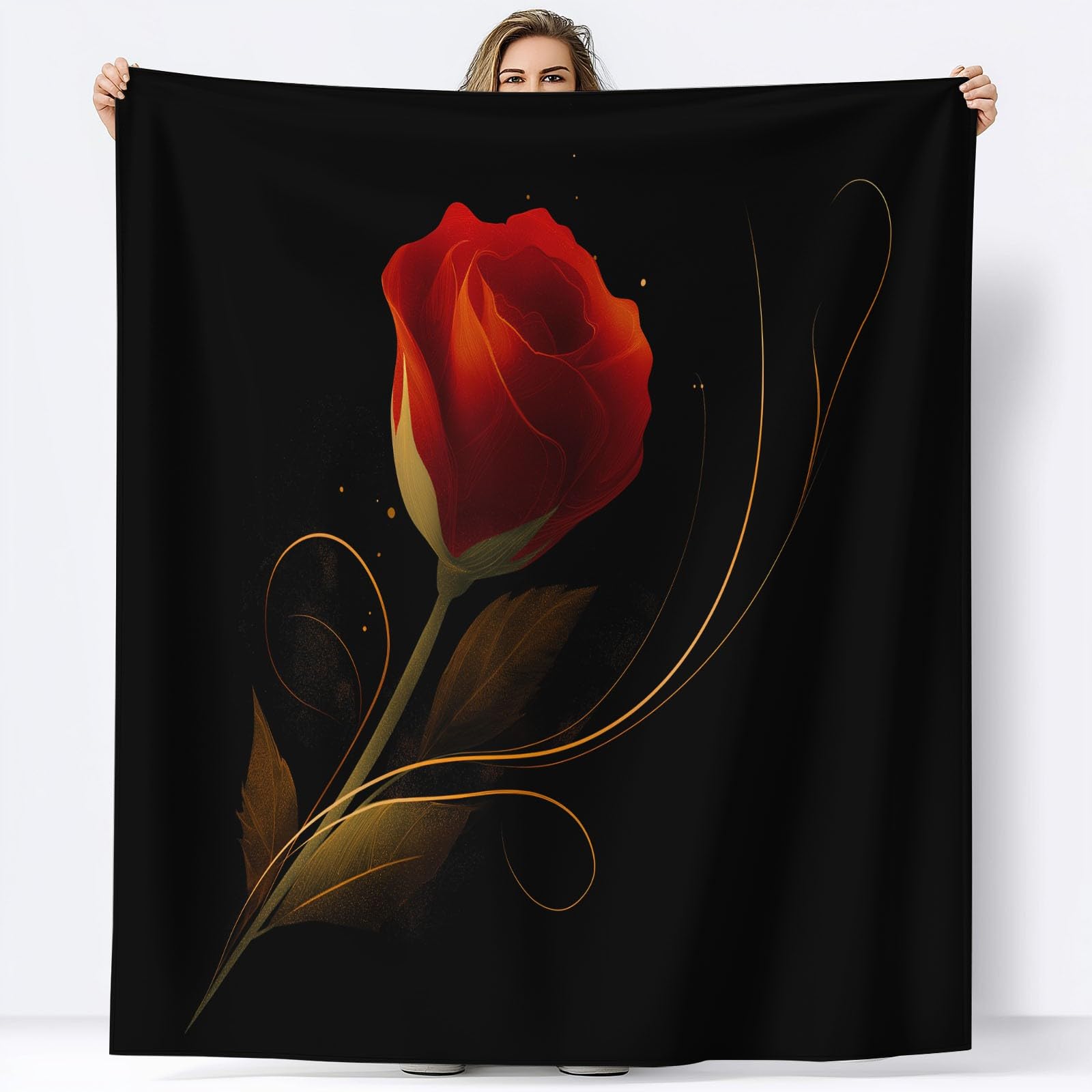 Genérico Manta con Estampado Exquisito Flores Rosa Roja, Manta Negro de Franela para Sofá Cama Extra Cálido Sobrecama 220 x 240 cm — Caliente Transpirable para Otoño e Invierno