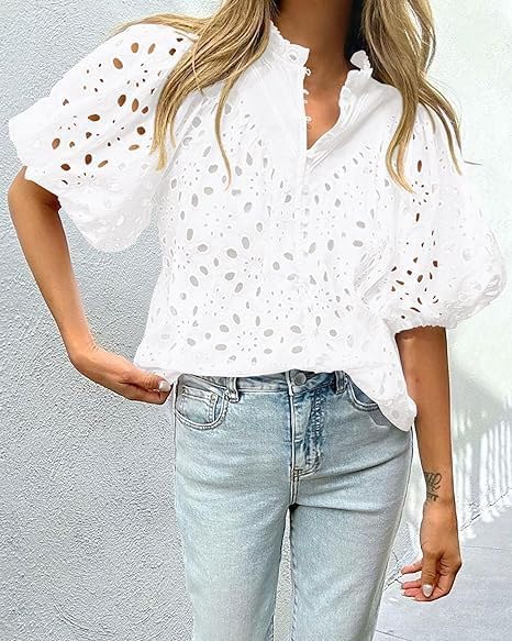 yoeasy Women's Lantern Short Sleeve V Neck Hollow Out Embroidered Blouse Buttons Eyelet Lace Shirts Tops - Image 2