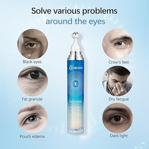 Miniatura 5 de Suero de ojos con 5% de cafeína, suero hidratante antienvejecimiento, suero de rodillo para ojos con bola de masaje de 360 para ojeras, hinchazón,