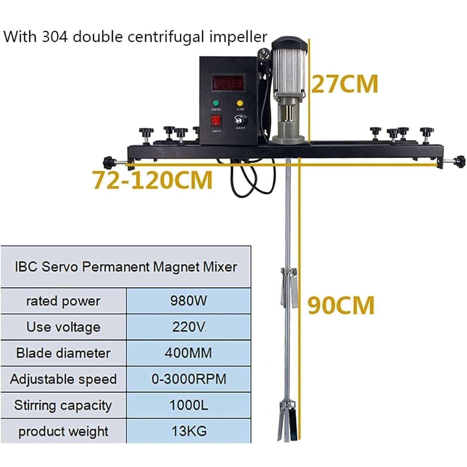 Mezclador de color IBC de 980 W, agitador neumático de pintura (1000 L), velocidad ajustable + cuba de agitación, velocidad de 0 a 3000 rpm/diámetro de cuchilla de 400 mm,A