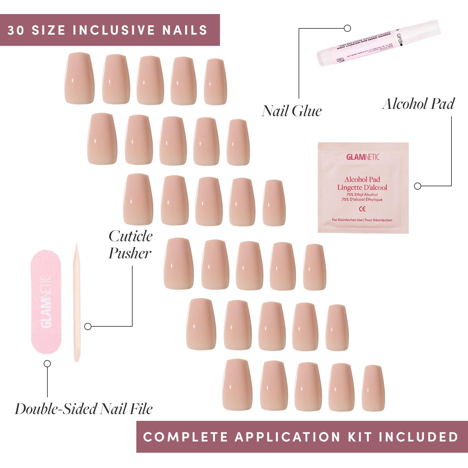 Glamnetic Press-On Nails Bundle - Exposed & Ballet Pink | Medium Coffin Fake Nails, Nude Opaque Neutral | Opaque Light Blush Pink Short Almond False Nails | Reusable, Salon-Quality Nail Kits
