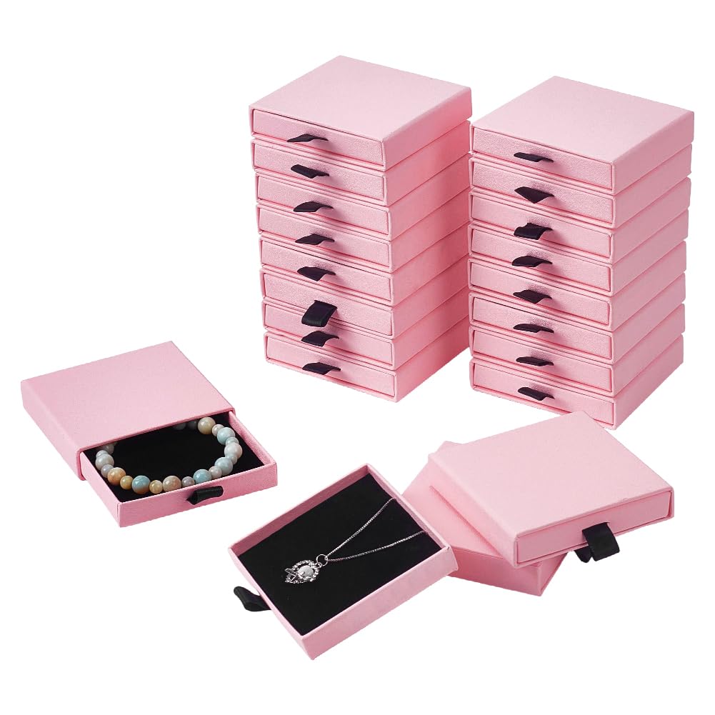 NBEADS 24Pcs Cardboard Jewelry Packaging Boxes, 8.1x7.6x1.8cm Square Jewelry Packaging Box with Lid and Sponge Inside for Ring Necklaces Bracelets Storage, Pink