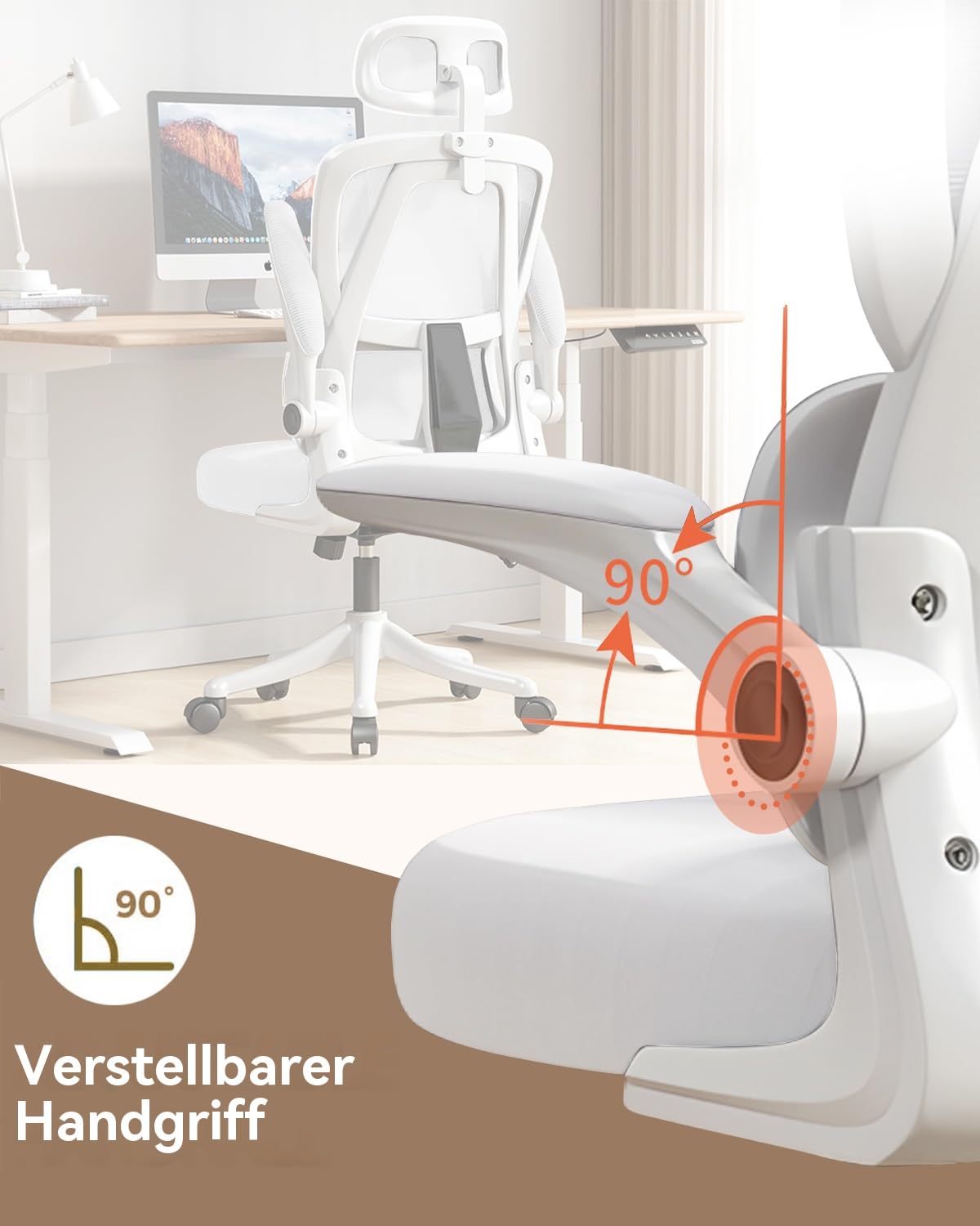 Bürostuhl Mesh Schreibtischstuhl,Ergonomischer Hochrücken-Gaming-Rollstuhl mit Rädern und Verstellbarer Kopfstütze,Komfortable Hochklappbare Armlehnen für Zuhause,Schlafzimmer,Studium(Weiß)