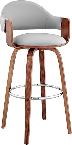 Armen Living Daxton Taburete de bar giratorio moderno de mediados de siglo para encimera de isla de cocina en piel sintética gris y madera de nogal,