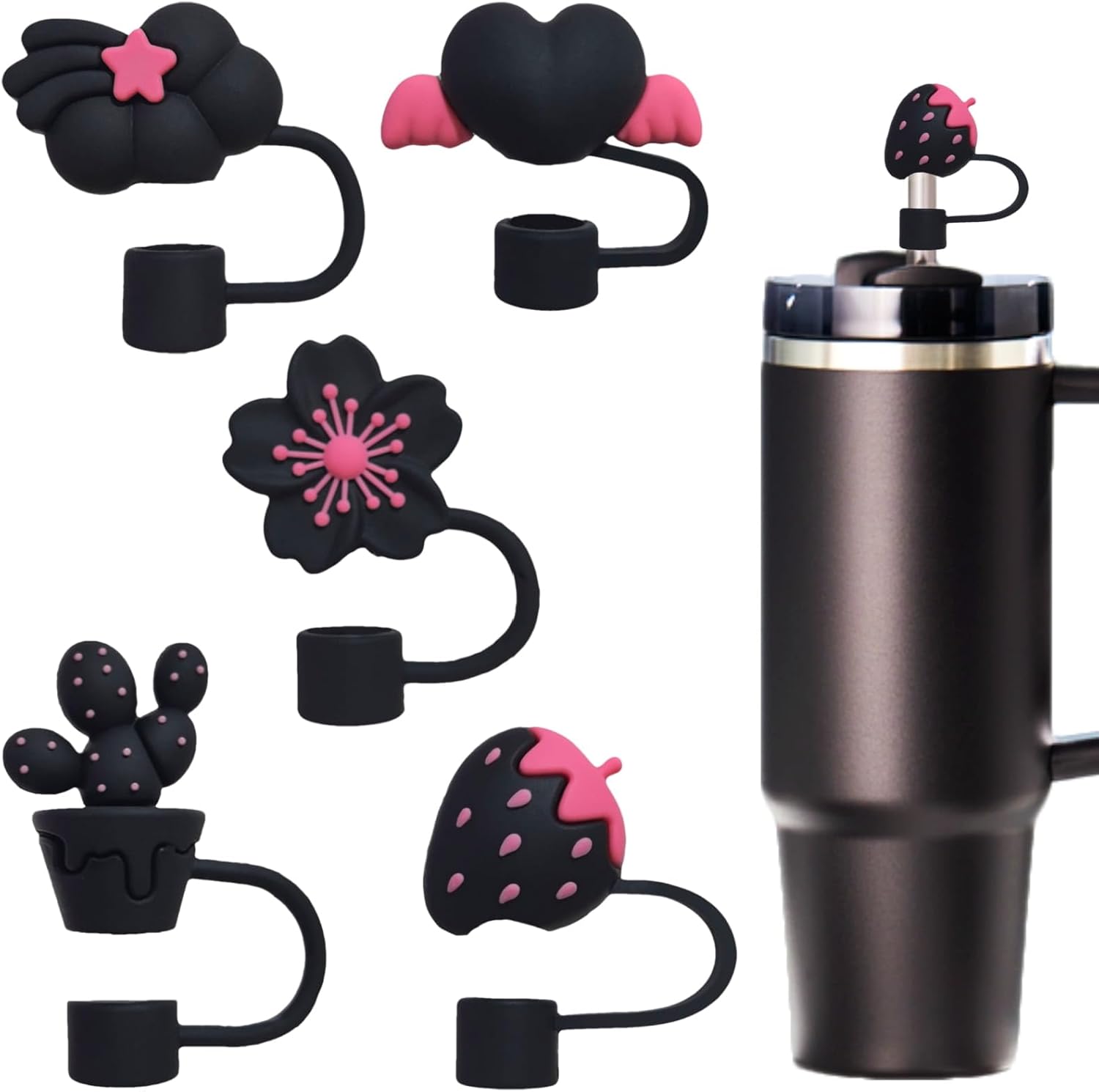 3D Straw Toppers, Soft Silicone Straw Covers, Fit 0.4in/10mm Straws, Compatible with Stanley Cup 30&40 Oz, Reusable Dust-Proof Accessories, Strawberry Heart Flower Christmas (Black Series)