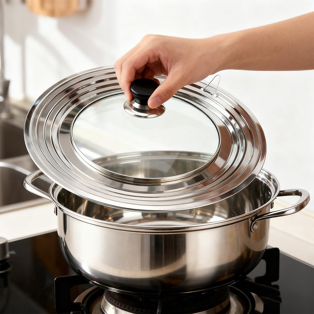 Coperchio universale per padelle, coperchio universale in acciaio inox, coperchio per pentola 24 cm/26/28/30/32 cm di diametro, coperchio in vetro resistente al calore per pentole e padelle