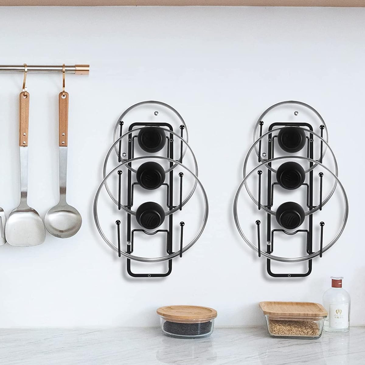 Wall-mounted Pot Lid Holder Rack 2pcs, Wear-resistant Kitchen Pan Cover Organizer, Black Reusable Pot Lid Storage Rack for Household Cabinet and Pantry