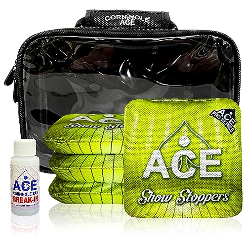 CornholeAce Show Stoppers | Yellow | ACE Pro Bag Kit: 4 Pro Bags + Break-in Kit + Carry Case | Professional Cornhole Bags Dual Sided Slick Sticker All Weather Waterproof
