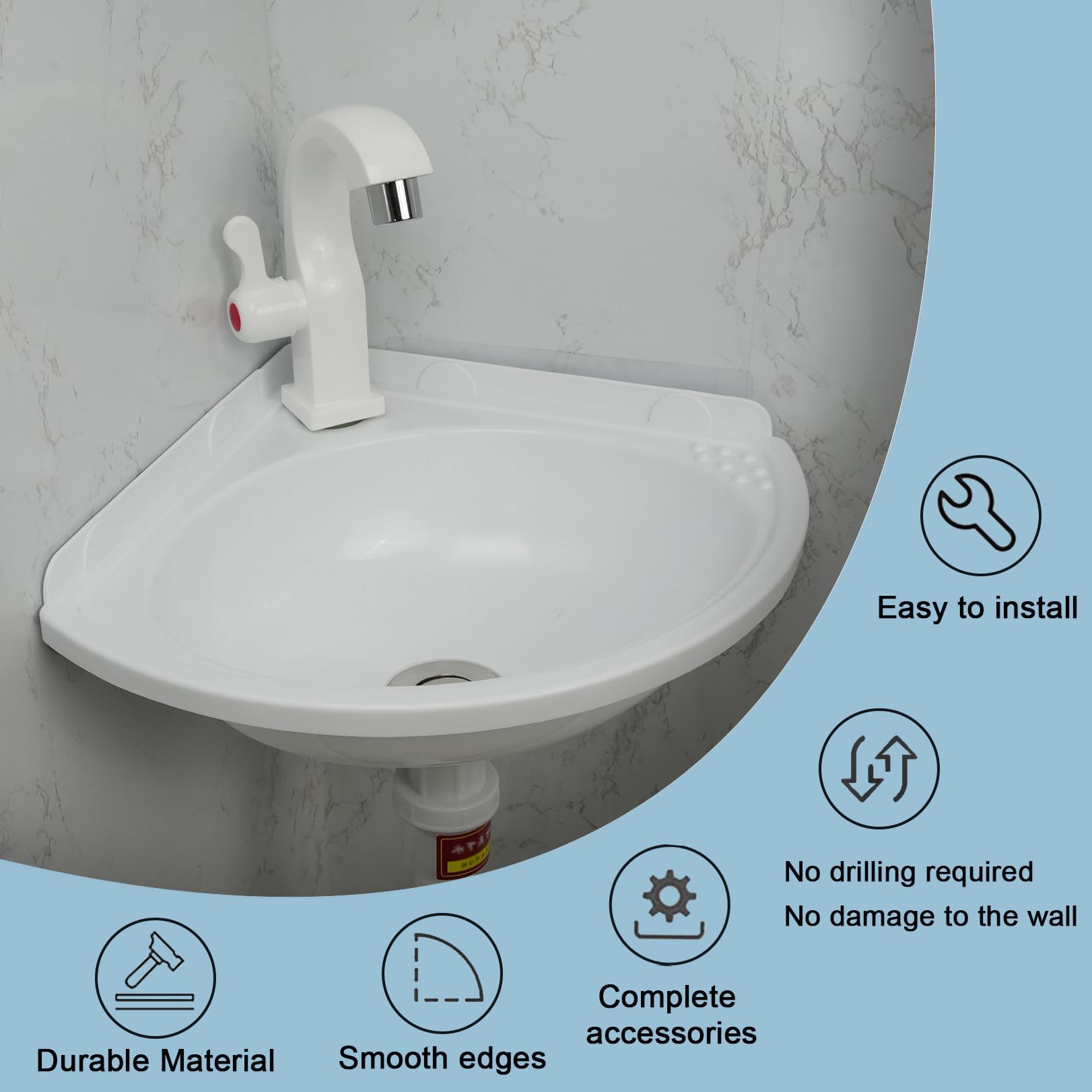 Petit Éviers D'angle Lavabo de Salle de Bain Évier Mural en Plastique Mini Vasque avec Robinet et Kit de Drainage, Lave-Main pour L'intérieur et à L'extérieur, WC Jardin Cave