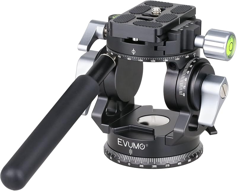 EVUMO Dupla Panoráma Állványfej - 360° Forgó Videófej Kamerákhoz, 8 kg Teherbírás, Arca-Swiss Kompatibilis, DSLR, Okostelefon, Alumínium, 52