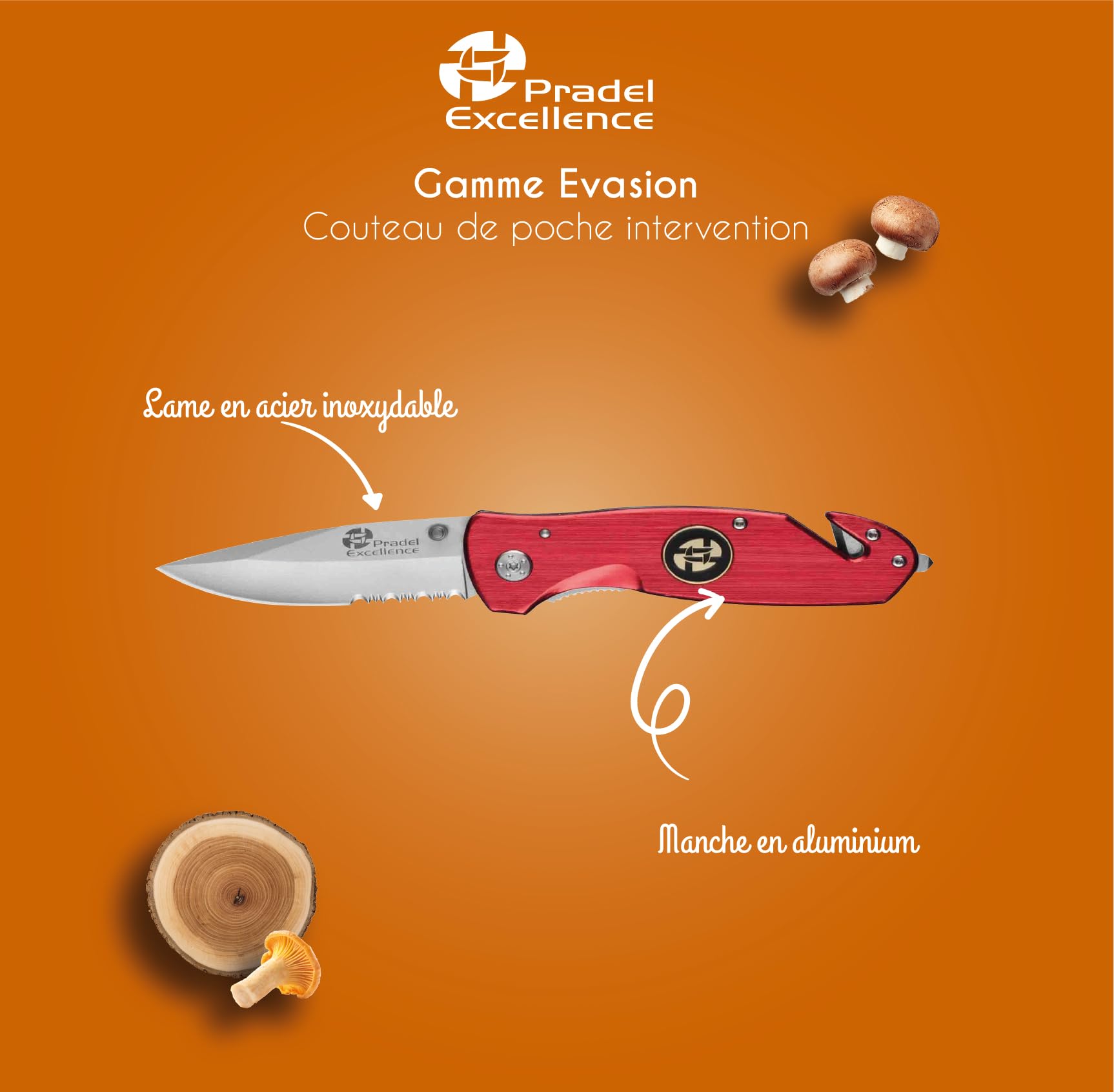 Pradel Excellence - PCOT006003 - Evasion - Couteau de Poche d'Intervention - Lame Acier Inoxydable - Manche Aluminium - Outil Multifonction Pratique et Durable