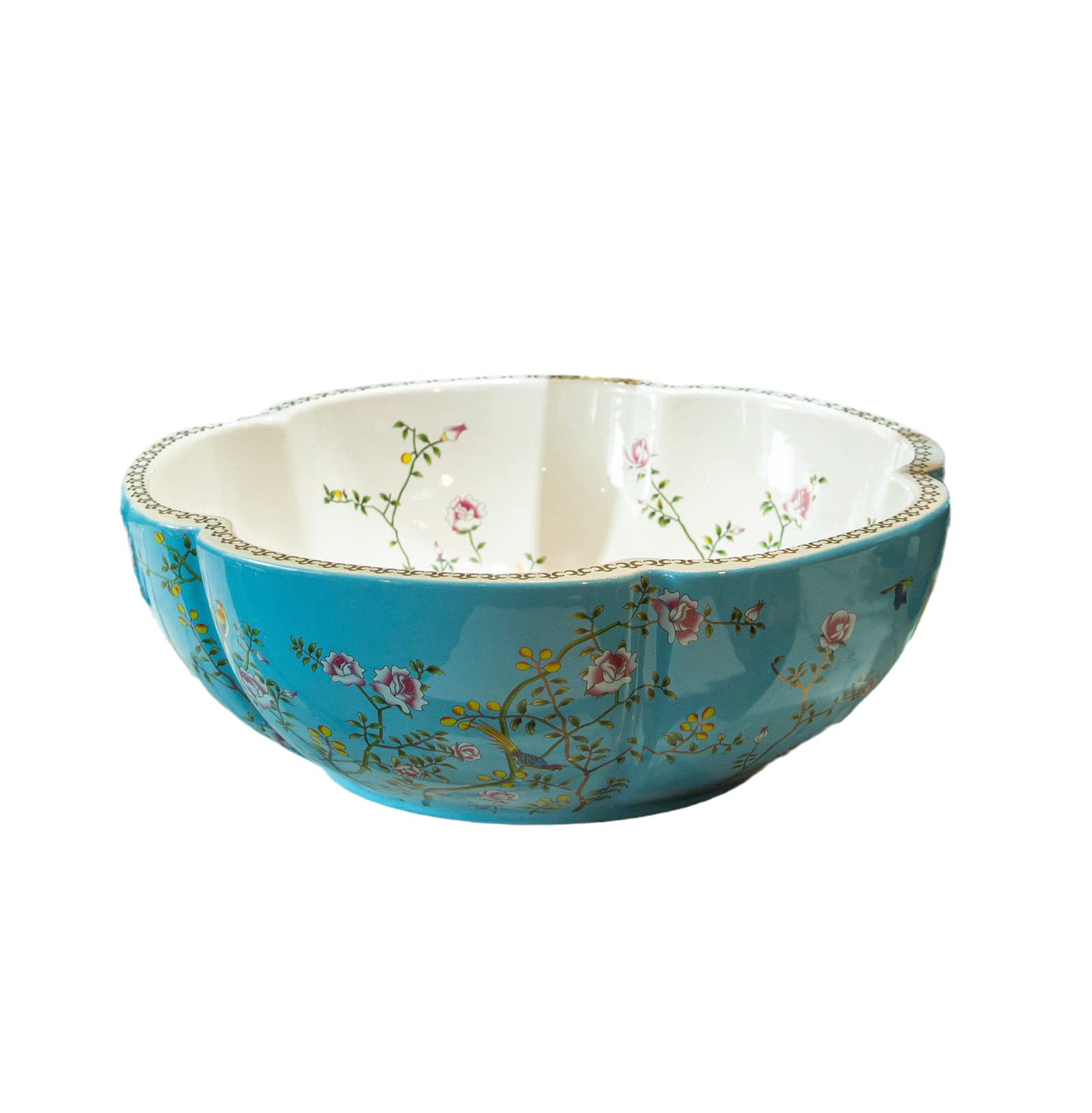 Porcelain Ceramic Bathroom Vanity Top Vessel Sink Blue Color American Style Countertop Sink Bowl with Flower Bird Pattern without Faucet