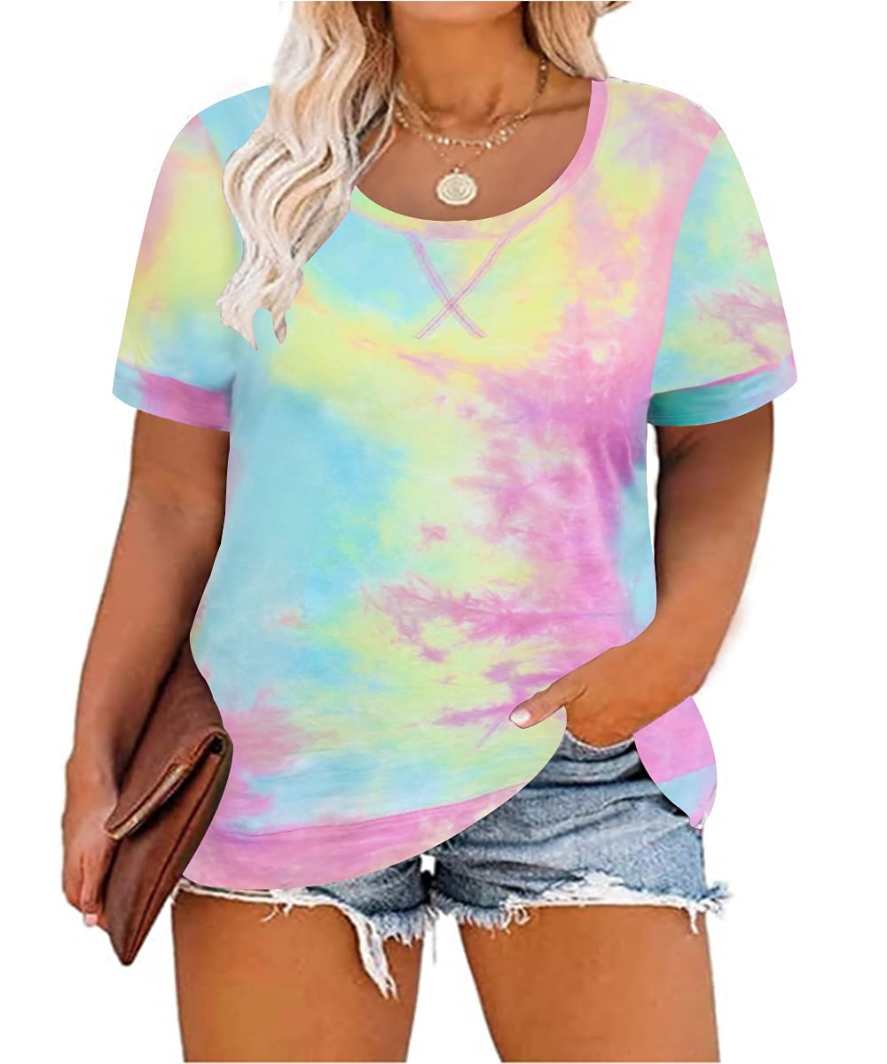 CARCOS Plus Size Tops for Women Short Sleeve Shirt Summer Star/Leopard/Tie Dye/Flower Crewneck Pullover Tunic XL-5XL
