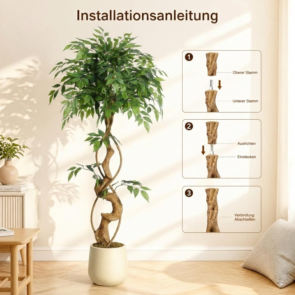 Künstlicher Ficus Bonsai, naturgetreuer Kunstbaum mit Laub, 120 cm