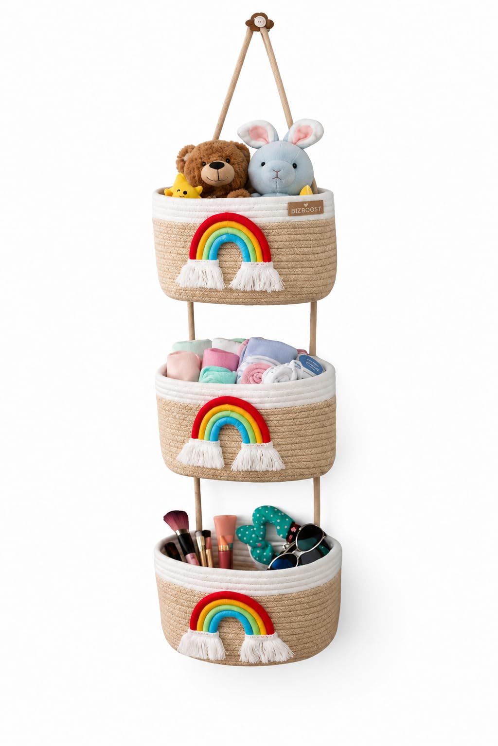 bizb Cotton Rope 3-Tier Wall Hanging Basket, Bohemian Style, Rainbow Theme, Oval, Wall Mounted Storage Organiser-image-6