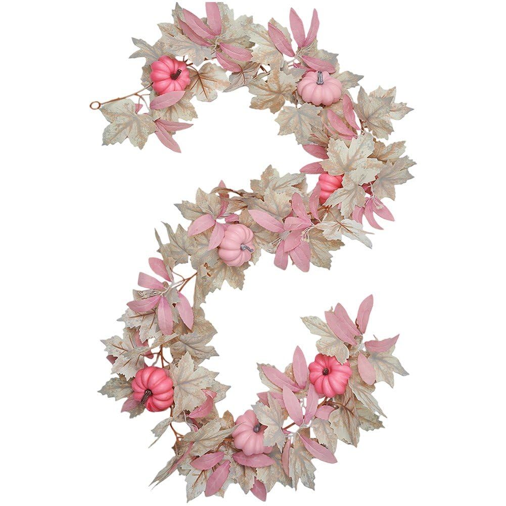 Fituenly Halloween Thanksgiving Pink Decorations Artificial Fall Maple Leaves Garland Autumn Hanging Pink Pumpkins Flowers Berries Rattan