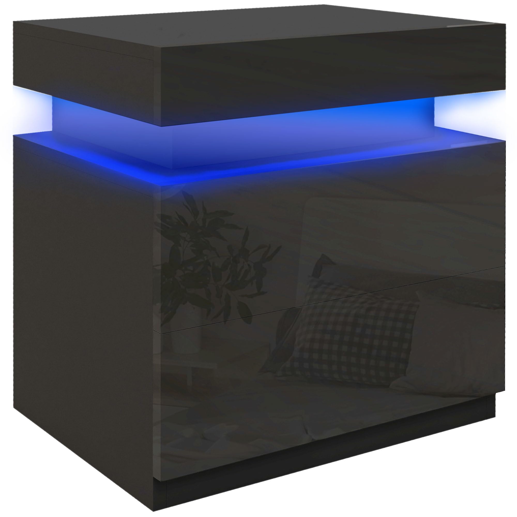 HOMCOM Mesita de Noche con Luces LED Mesilla de Noche con 2 Cajones y Control Remoto Mesa de Noche para Dormitorio Salón 45x35x52 cm Negro