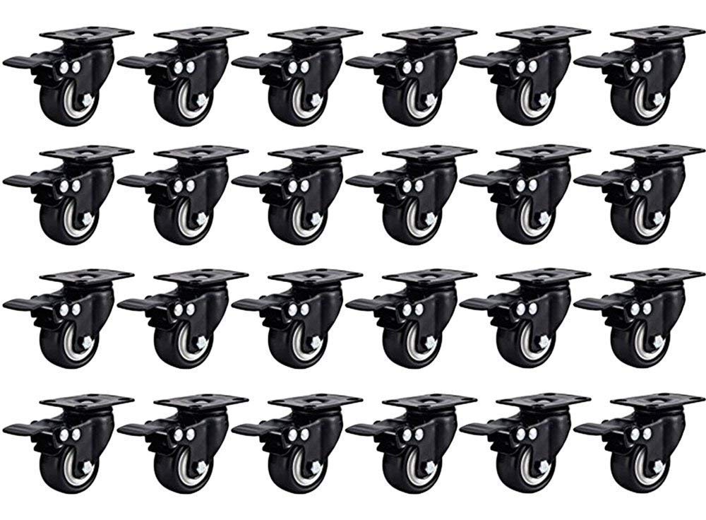 Online Best Service 24 Pack Swivel 1.5" Caster Wheels Rubber Base with Top Plate & Bearing Heavy Duty with Total Lock Brake (24 Pack with Brake)