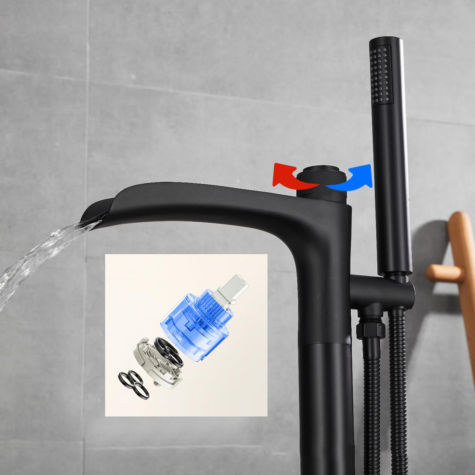 Grifo Mezclador de Bañera Y Ducha Independiente Color Negro con Agua Caliente Y Fría Y Función de Cascada Incluye Ducha de Mano Y Un Solo Mando