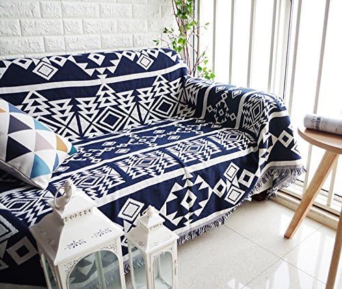 Dulcii Multi-function Decorative Throw Blanket Sofa Towel Cotton Warm Slipcover 130 x 180cm (Dark Blue and Beige Pattern)