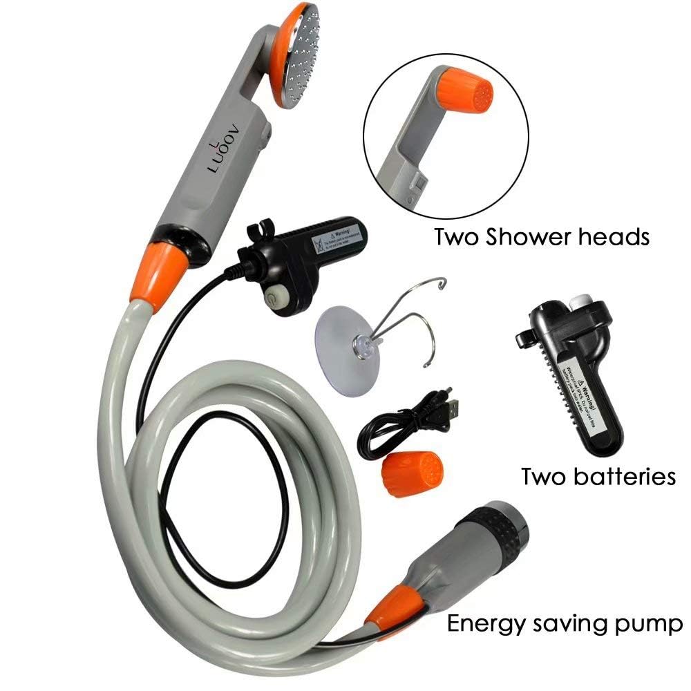 Qbuds Portable Camping Shower, Compact Shower Pump with Dual Detachable USB Rechargeable Batteries, Handheld Outdoor Shower Head for Camping, Hiking, Traveling, Emergency Use (Upgraded)